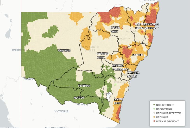 Map showing green in bottom left-corner and yellow, orange and red in the rest of NSW to show drought-affected areas