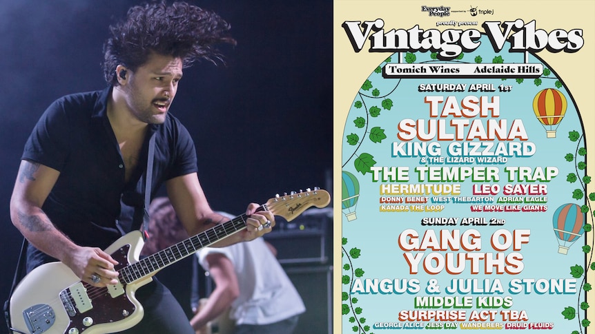 A composite of Gang of Youths frontman Dave Le'aupepe live at Splendour 2018 and the Vintage Vibes line-up poster