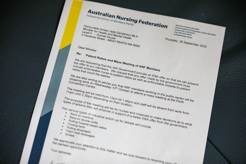An A4 piece of paper with text addressed to the Western Australia health minister. 