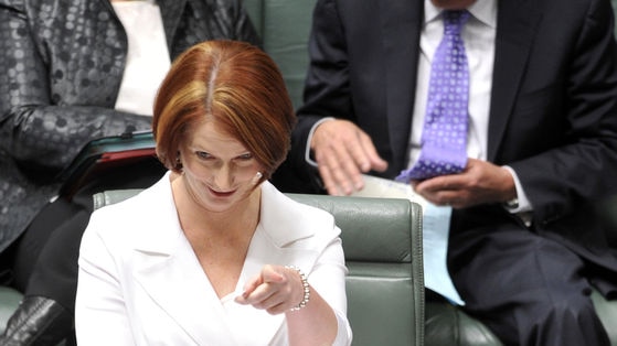 Robust debate: Prime Minister Julia Gillard gestures to Opposition Leader Tony Abbott during Question Time