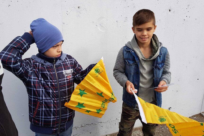 Two boys attending a Socceroos training session in Kazan, Russia on June 11, 2018.