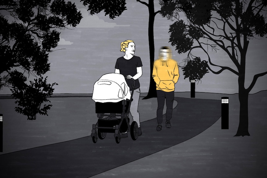 Illustration of boy wearing yellow jumper walking closely behind woman walking pram.