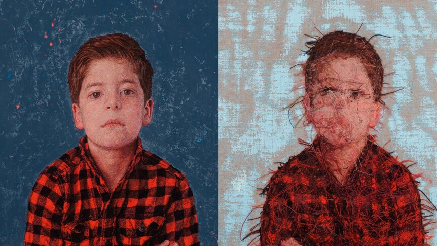 Embroidered portrait of a young boy in a flannel shirt.
