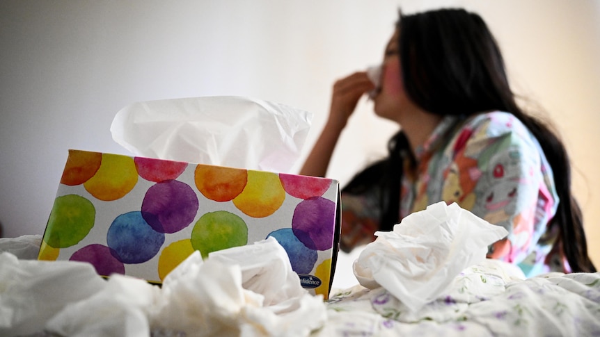 A woman blows her nose with a box of tissues in front of her