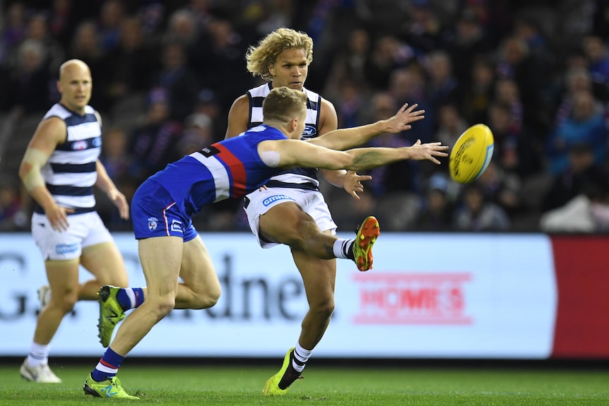 Quinton Narkle attempts to kick for the Cats as a Bulldogs player tries to smother the ball.