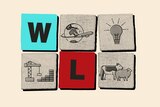 Collage of scrabble letters spelling "W" and "L" and lightbulb, crane, cow, sheep and world icons..