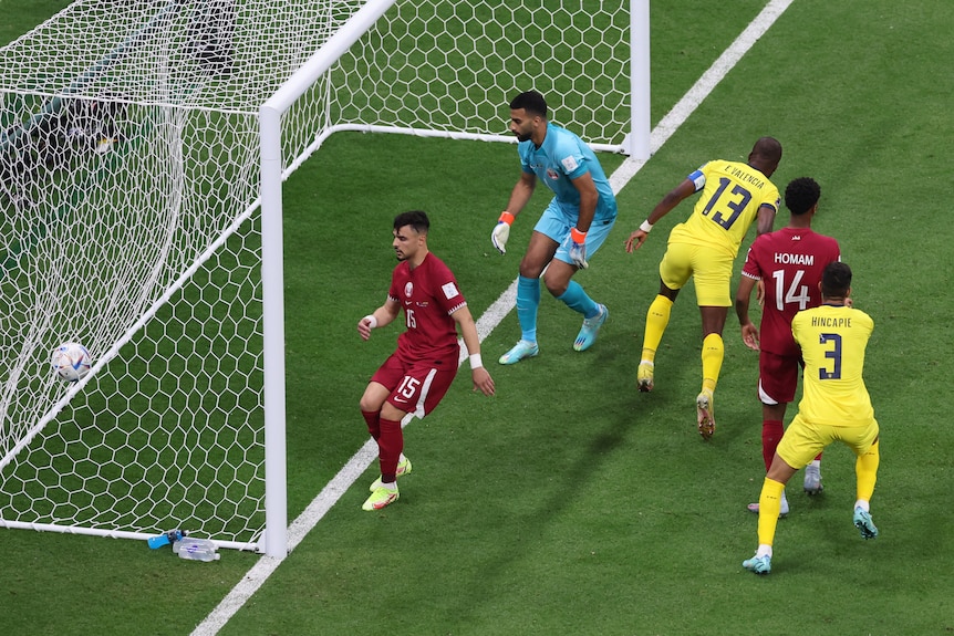 Ball kicked into back of net at first Qatar FIFA World Cup game.