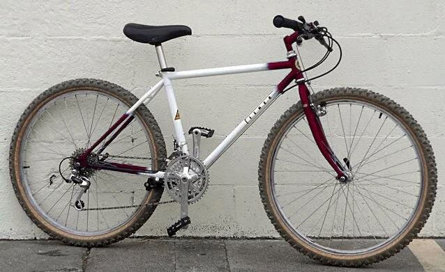 Bike with white, dark red and black frame, black seat and handle bars.