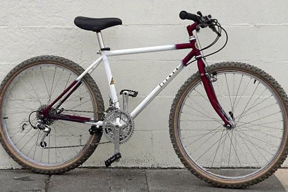 Bike with white, dark red and black frame, black seat and handle bars.