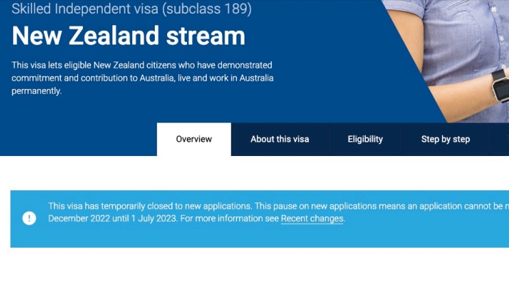 A screenshot of a department of home affairs website notice saying the new zealand visa stream will be paused until July 1