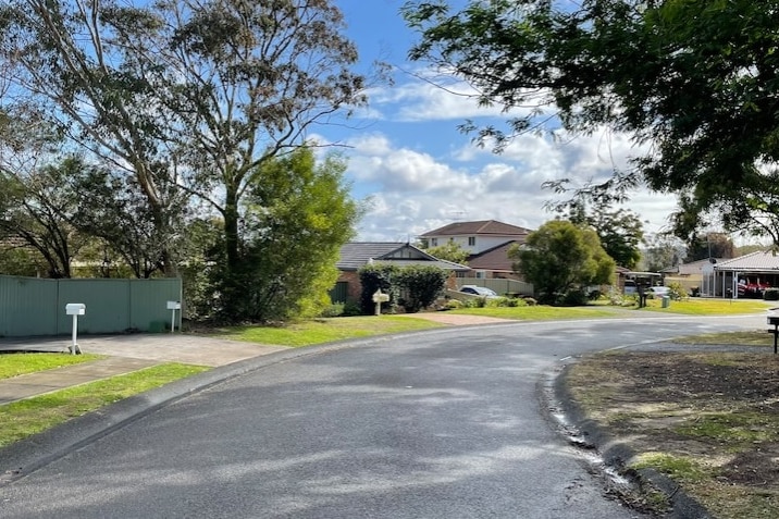 A bend in a street running through a quiet suburb. The road is over-shadowed by large trees.