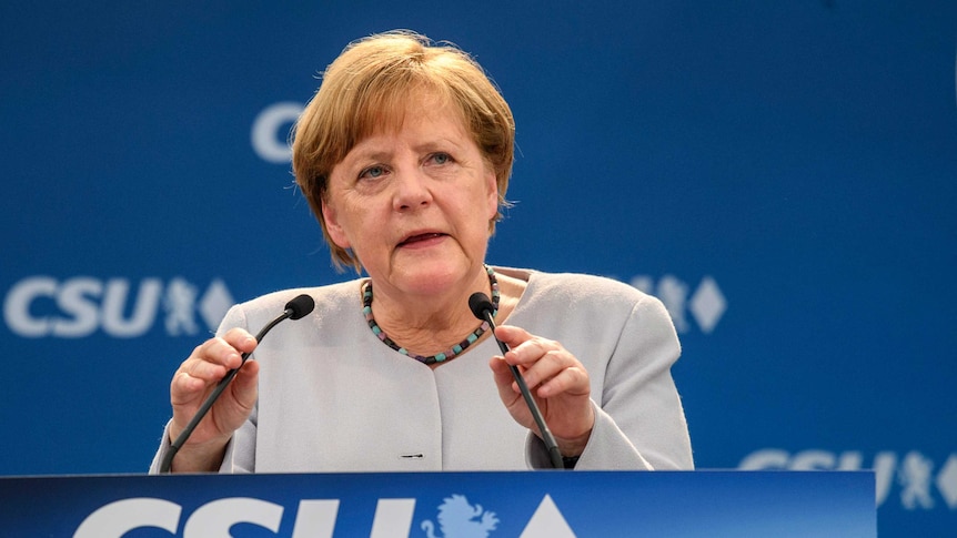 Angela Merkel delivers a speech during an election campaign.