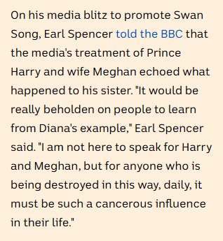 Earl Spencer told the BBC the media's treatment of Harry and Meghan echoes what happened to Diana.