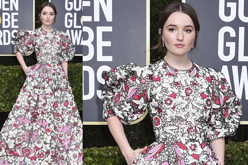 A composite of Kaitlyn Dever wearing a floral dress with big puffy sleeves.