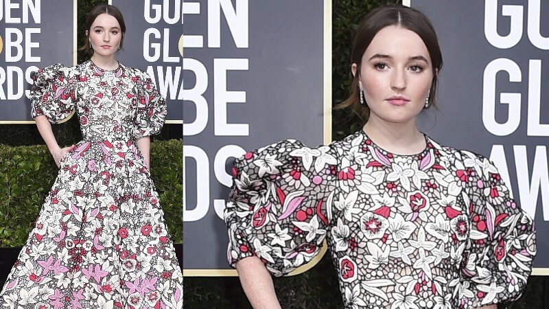A composite of Kaitlyn Dever wearing a floral dress with big puffy sleeves.