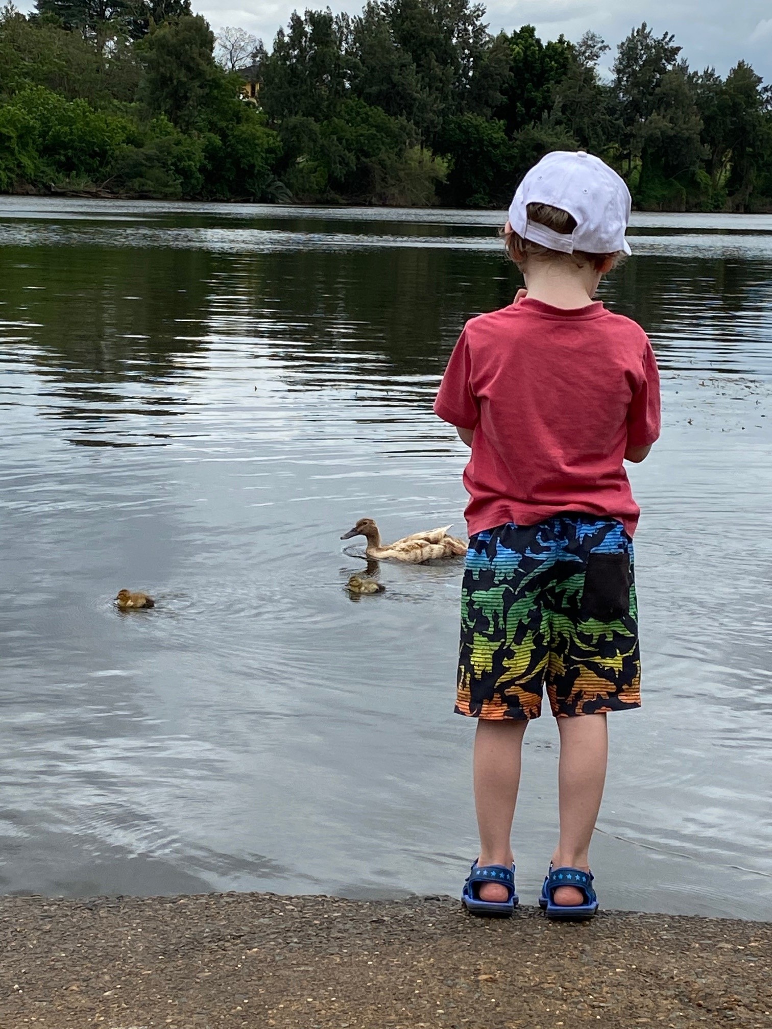 Un niño se para junto a un lago para contar una historia que le cuenta a su hijo sobre un diagnóstico de autismo.