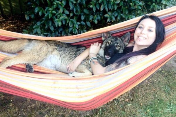 A young woman relaxes in a hammock as she cuddles a large smiling dog.