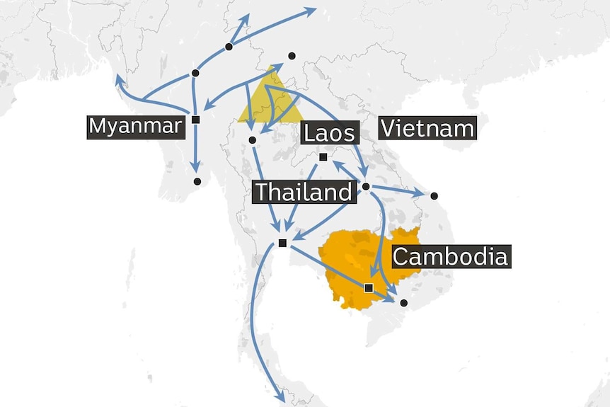 A man with arrows showing the flow of drugs across South-East Asia.