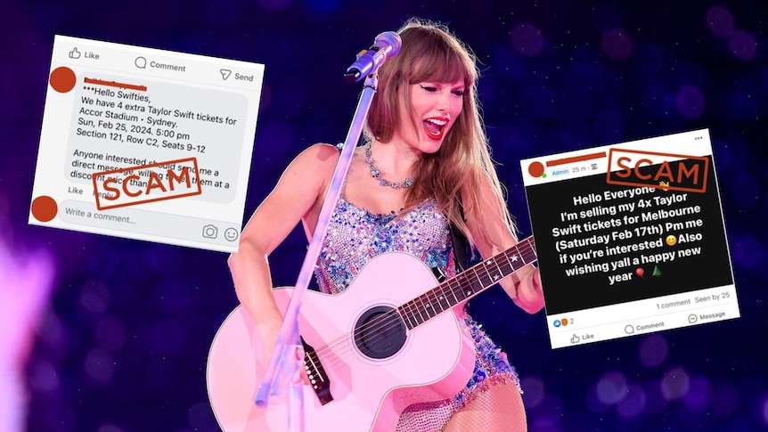 Taylor swift holding a guitar collaged with scam facebook and Instagram messages 