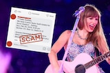 Taylor swift holding a guitar collaged with scam facebook and Instagram messages 