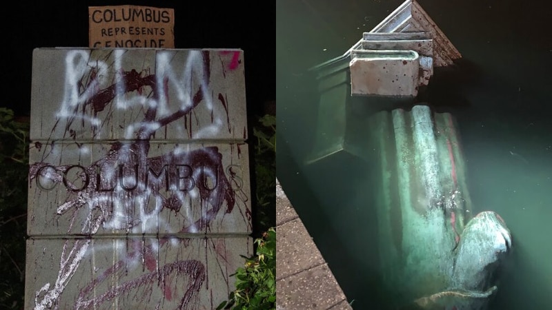 A composite image of a statue foundation splattered with red paint and a statue in water.