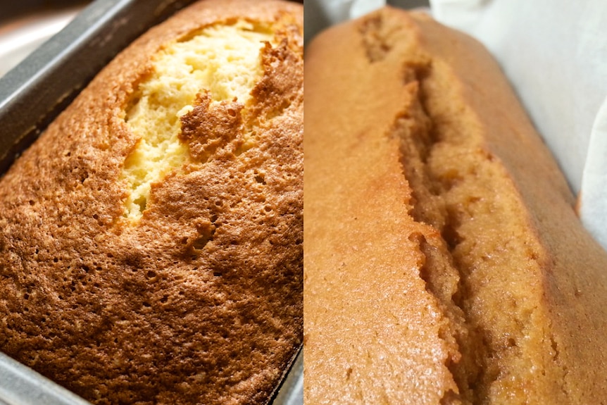 Composite image of two cakes in loaf tins with cracked tops