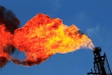 An LNG flare flames out from a stack.