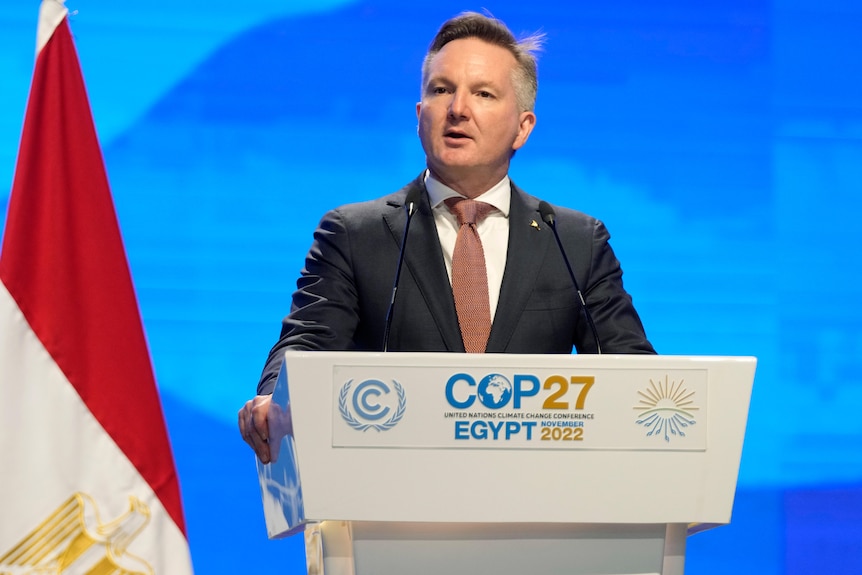 Chris Bown standing at a COP27 podium and speaking.