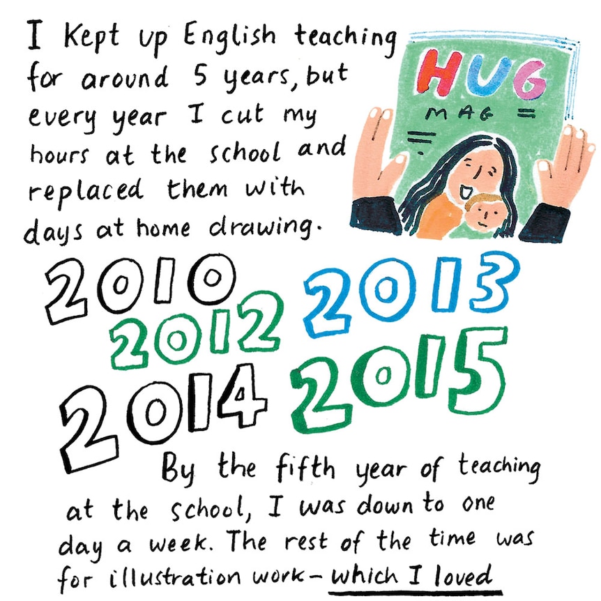 "I kept up English teaching for 5 years but cut my hours and replaced them with drawing, until I only taught one day per week."