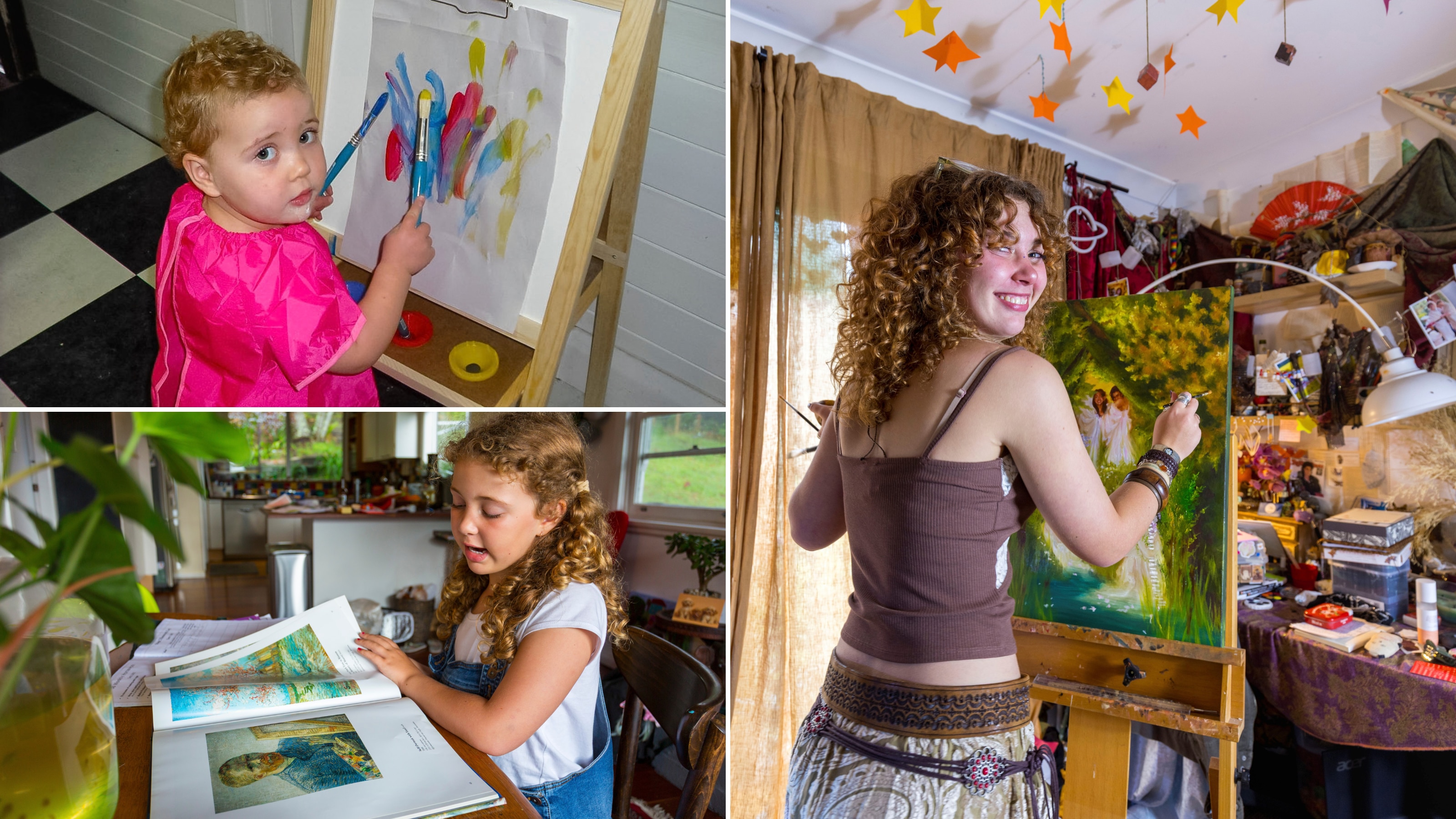 Composite of a young woman painting in her bedroom, a toddler painting and a young kid looking at a Van Gogh book