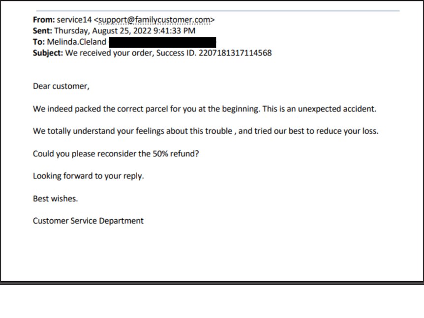 A screenshot of an email exchange from a scam company