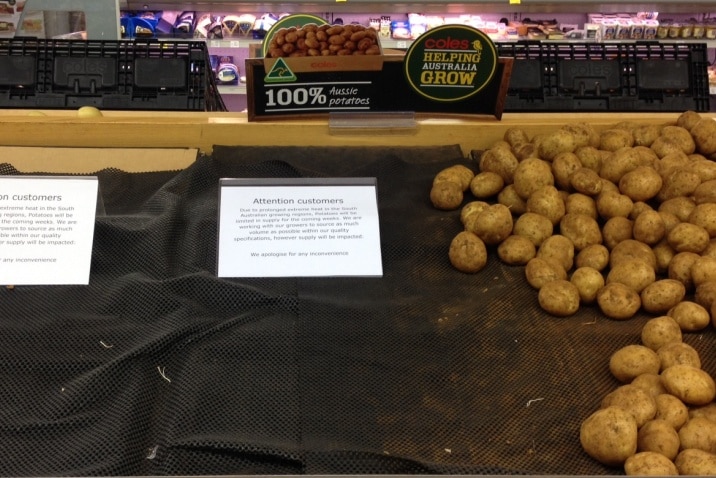 A supermarket shelf with a large portion of potatoes missing.
