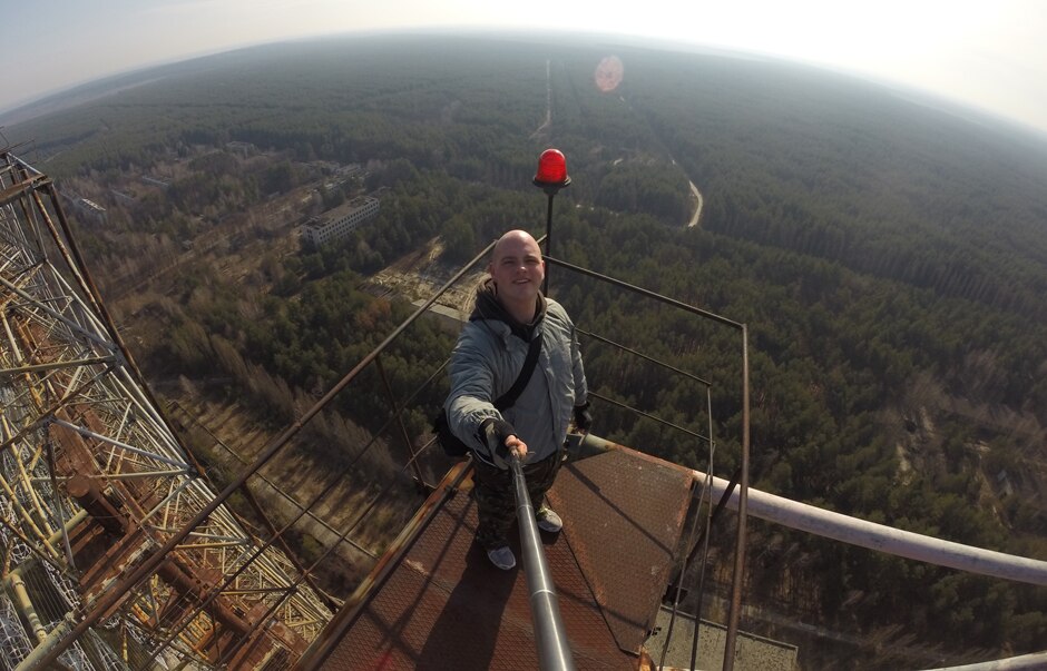 Chernobyl Driver Jimmy Ryan takes a selfie on top of the Soviet Duga spy tower.
