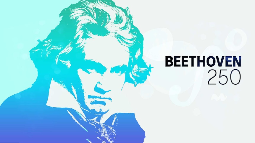 An outline of Beethoven's head in blue, with the text "Beethoven 250" next to it.