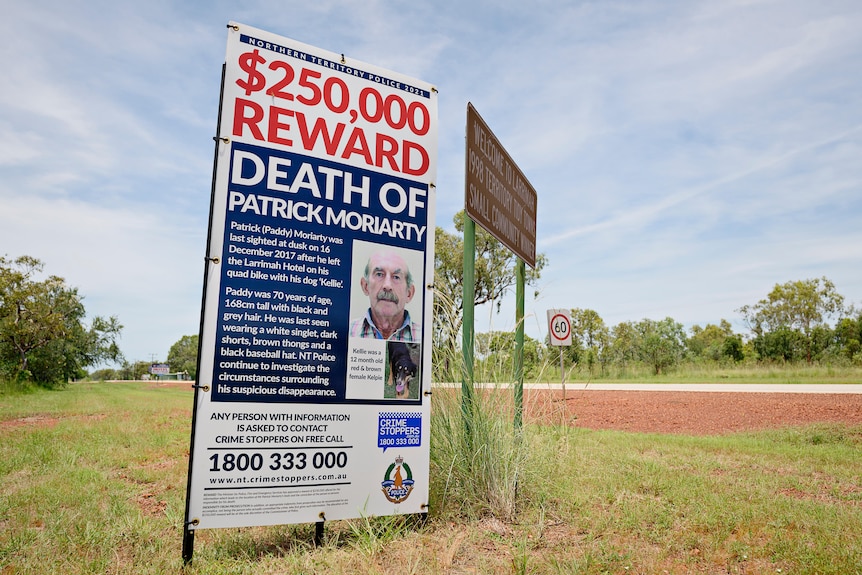 A sign stating the $ 250,000 reward that has been offered by NT Police
