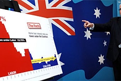 Prime Minister John Howard points to a chart mapping interest rates during a media conference in Brisbane on November 7, 2007.