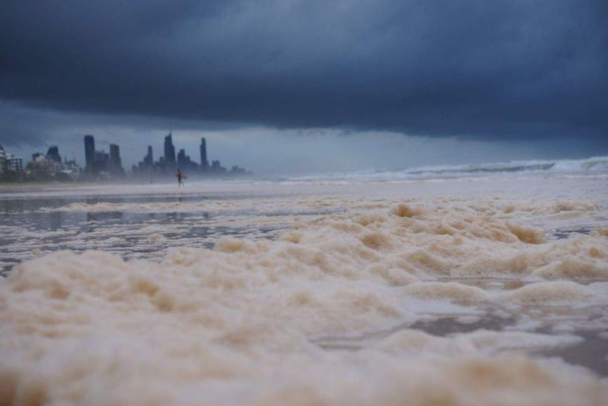 Dark clouds rolling in from the ocean across the Gold Coast skyline