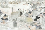 An illustration of Chinese miners in the mid 19th century.