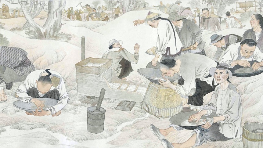 An illustration of Chinese miners in the mid 19th century.