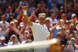 Roger Federer celebrates his win over Croatia's Marin Cilic at Wimbledon on July 6, 2016.