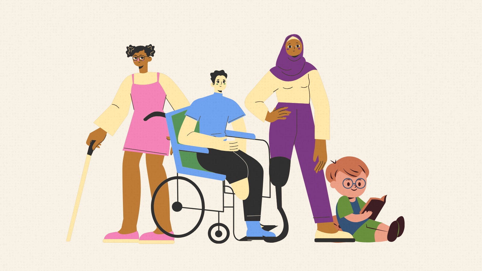 An illustration showing a woman with a cane, a man in a wheelchair, a woman who is an amputee and a child reading