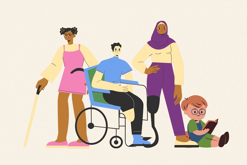 An illustration showing a woman with a cane, a man in a wheelchair, a woman who is an amputee and a child reading