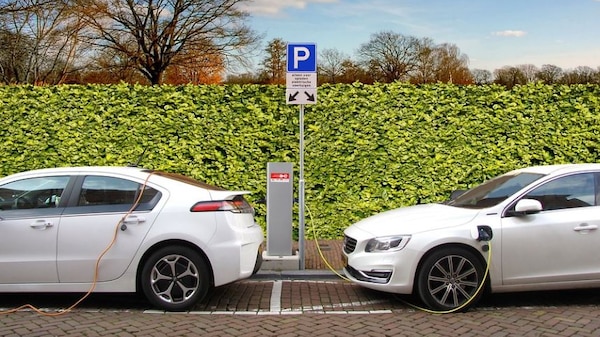 Picture of 2 white electric cars infront of a green hedge being charged