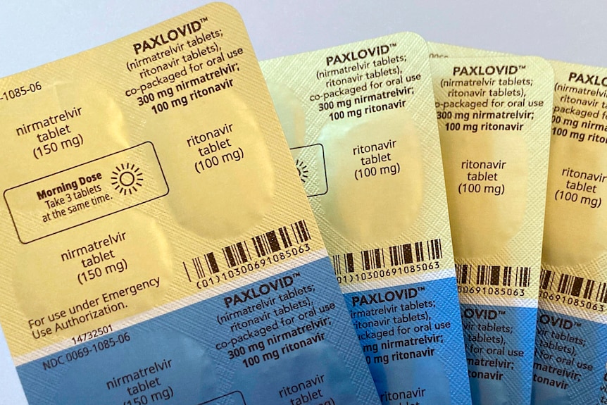 The back of a sheet of medical pills displays information about the drug Paxlovid and dosing instructions.