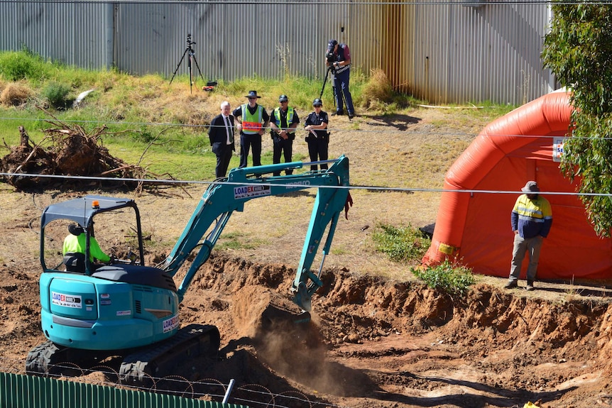 An excavator digs up an area of the New Castalloy site in Adelaide's North Plympton in a new search for the Beaumont children