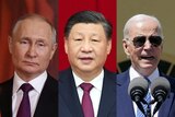 A composite image of Vladimir Putin, Xi Jinping and Joe Biden