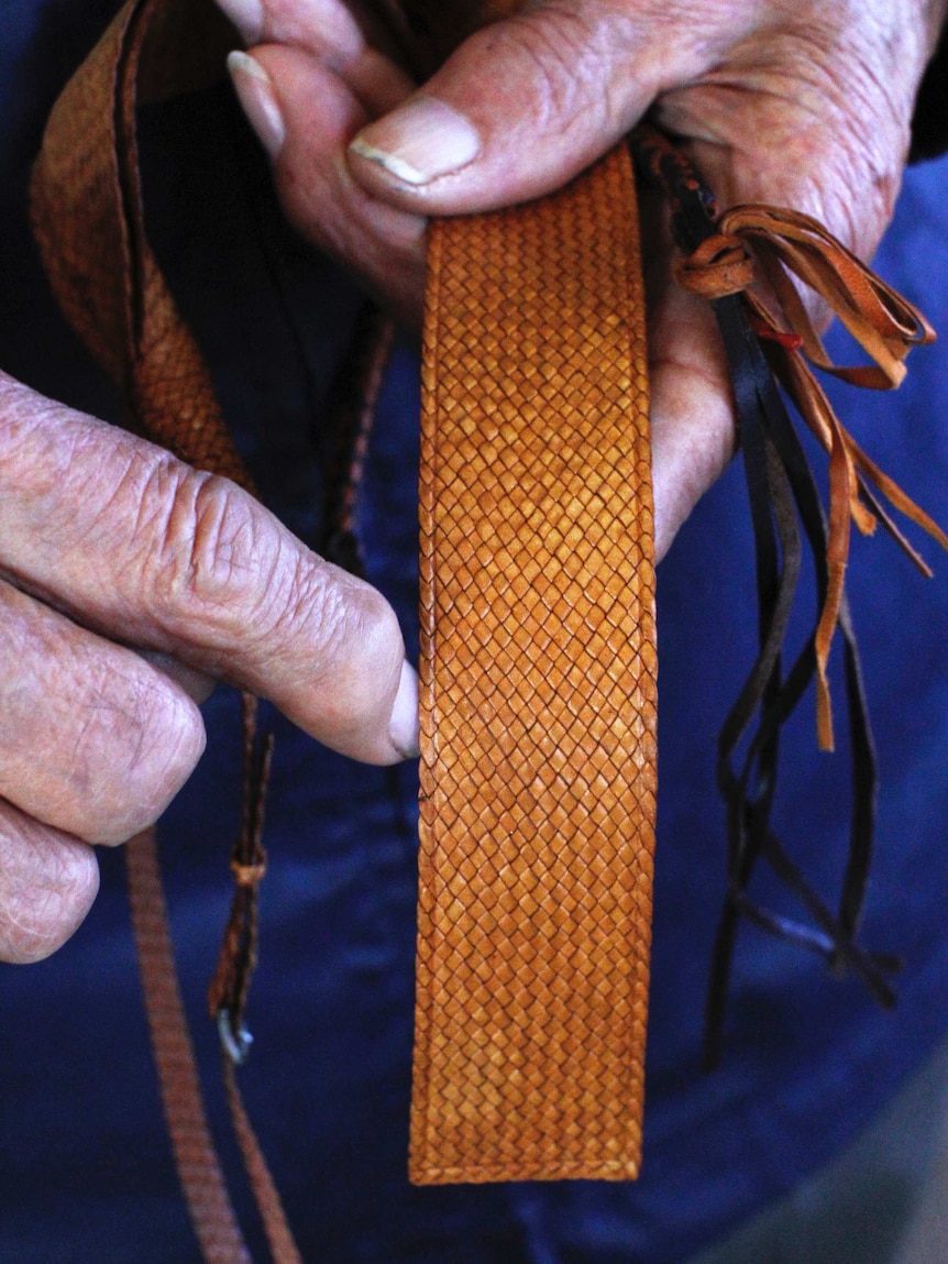 A leather neck tie, crafted by Doug Kite