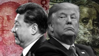 A graphic image of President Xi and President Trump in front of picture of the Chinese and US national currency.