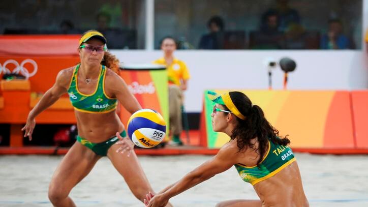 Talita and Larissa from Brazil beach volleyball team playing in the women's quarterfinal in Rio