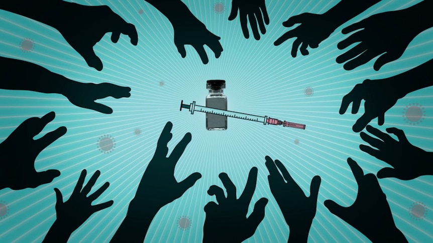 An illustration of hands reaching for a vaccine vial and syringe.